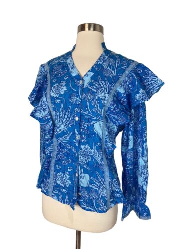 Mulberry & King Women’s Blue Floral Ruffle Long Sleeve Peasant Top Button Front - Picture 1 of 9