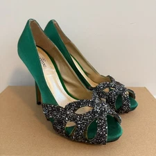 VALENTINO Garavani Green Satin Rhinestones Pumps High Heels ITALY Women's 36