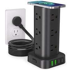 Power Strip Tower 12 Outlets 4 USB 15W Wireless Charger 10FT Flat Plug Black
