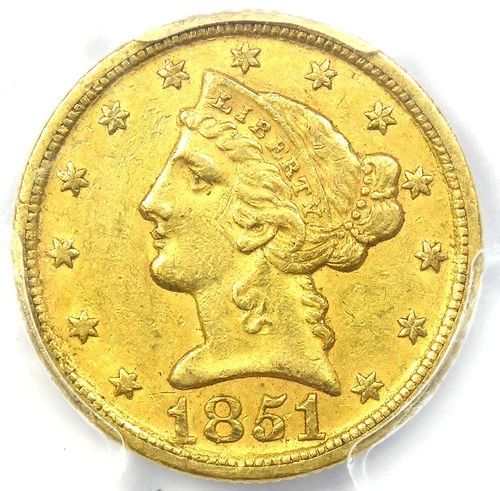 1851-D Liberty Gold Half Eagle $5 Weak D - PCGS AU50 - Rare Dahlonega Coin!