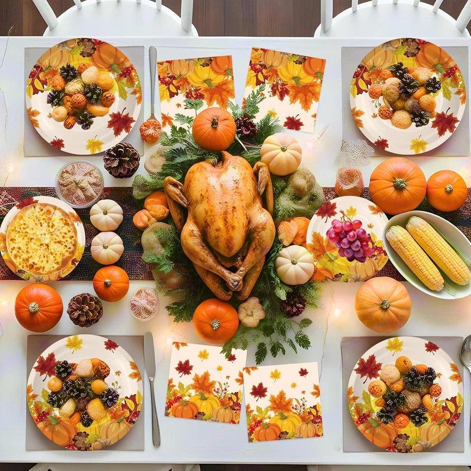 Conjunto de 100 pratos e guardanapos de Ação de Graças – Louça folha de bordo abóbora outono - Imagem 4 de 4