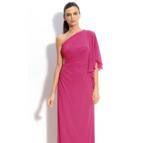 Tadashi Shoji Sheer Overlay Ruched Side Draped One Shoulder Maxi Dress Gown 10