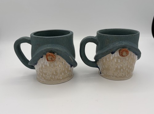 Gnome Blue Hats Drip Glaze Quirky Studio Art Pottery Mugs 10 oz Signed-2