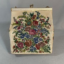 Floral Tapestry Needlepoint Evening Bag Cream Kiss Lock Made in Hong Kong