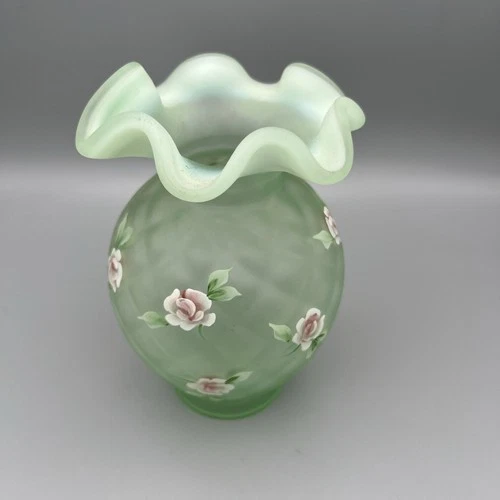 Fenton Heirloom Roses Willow Green Vase Satin Opalescent Glass Signed Dated 5.5"