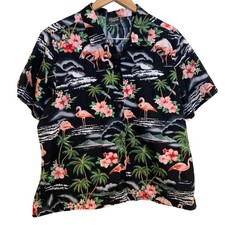 VTG Flamingo Print Shirt M Cotton Tropical Hawaiian made in USA vacation womens