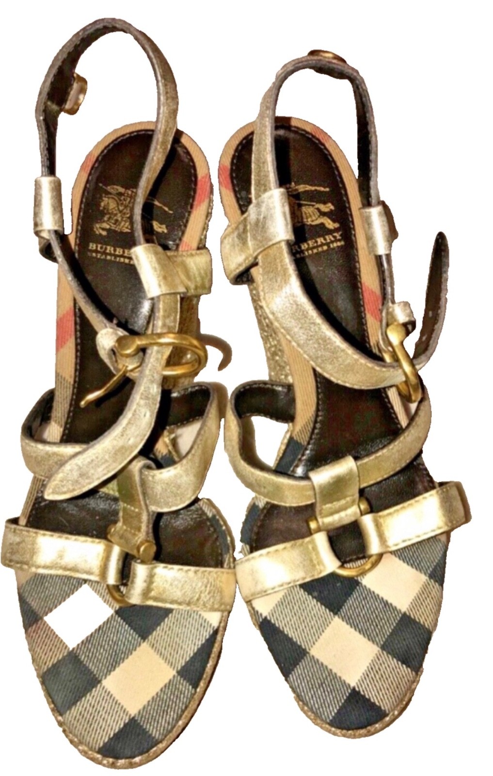 Burberry Gold Leather Nova Check Strap Wedge Buckled Sandals SZ 38 thumbnail 9