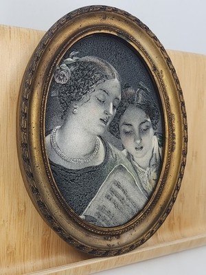 Antique Textured Print ''The Duet'' by James Sant 8x6'' Oval Gilt Frame  19th C Art