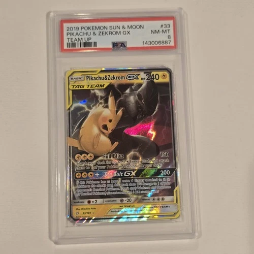 Pikachu & Zekrom Tag Team GX Holo Card 33/181 Sun and Moon PSA 8