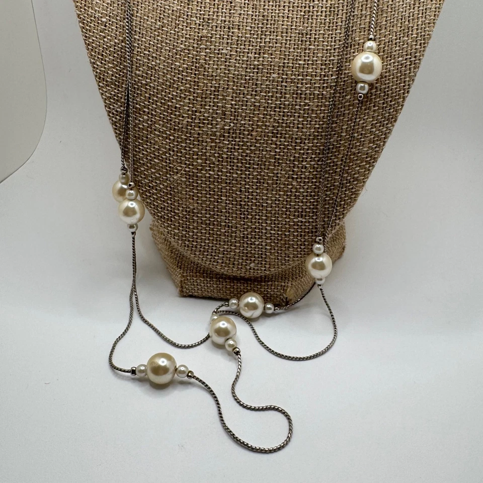 Collar largo estación perlas cadena chapada en oro 14 K Foto 2 de 4