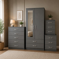 Ready Assembled Grey 2 Door Wardrobe Set with Mirror Drawers Chest & Bedside UK