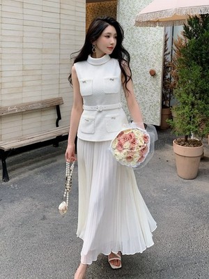 Self-Portrait Tweed Splicing Chiffon Pleated Women's Short sleeves Dresses