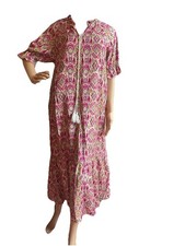 Cranberry Ikat Boho Design Dress Maxi Tassels Ruffle V Neck Cotton Size Large