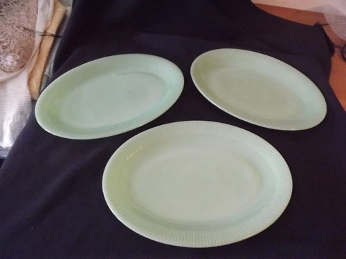 3 FIRE KING jadeite OVENWARE 12" PLATTERS ribbed rims