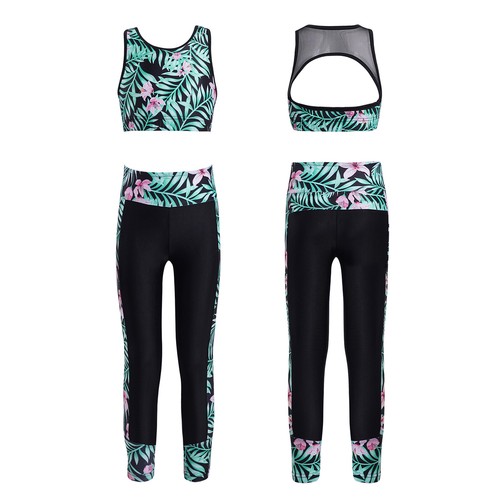 Kids Girls Metallic Tracksuit Sport Tanks Crop Top Athletic Leggings Set Workout - Picture 27 of 39