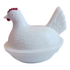 Antique Westmoreland Glass 5” Milk Glass Hen on Nest Covered Dish White Red
