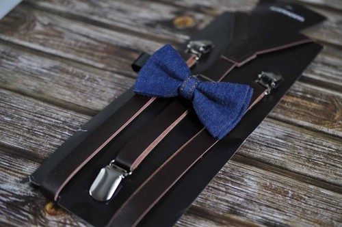Boy Baby Kids Navy Blue Denim Bow Tie + Brown Leather Adjustable Suspenders Set - Picture 2 of 11