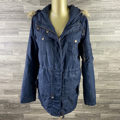 FOREVER 21 Faux Fur Trim Dark Blue Hooded Insulated Parka Jacket Women's Size M - Picture 2 of 13