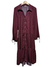 Easel Floral Midi Dress S Tiered Cottage Balloon Sleeve Peasant Boho Red Black