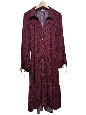 Easel Floral Midi Dress S Tiered Cottage Balloon Sleeve Peasant Boho Red Black