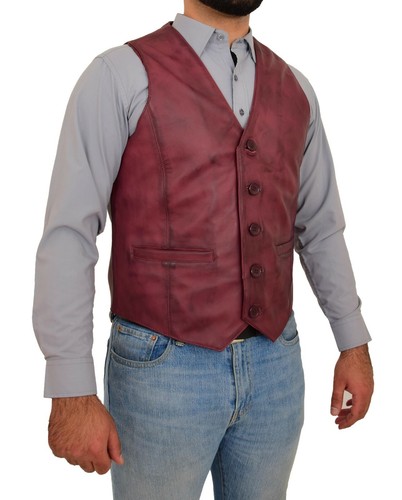 Mens Full Burgundy Leather Waistcoat 