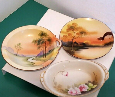 Hand Painted Noritake Nippon Japan Small Bowls & Lemon Plate Scenic & Floral 3PC