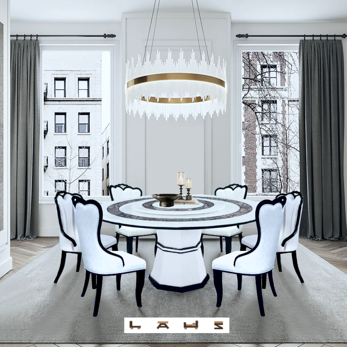 NEW White 1.5MØ Marble Dining Table w/ Lazy Susan & 4 WT NEW White 1.5MØ Marble Dining Table w/ Lazy Susan & 4 WT