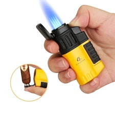 Galiner Travel Butane Cigar Torch Lighter W/ Punch Windproof 4 Jet Flame Pocket