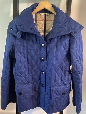 BURBERRY Women’s Jacket Sz Small Diamond Quilted Check-Royal Blue-Hooded 