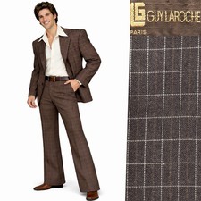 1970s Vintage Guy Laroche Suit Jacket Pants Brown Plaid Wide Lapel Disco 44