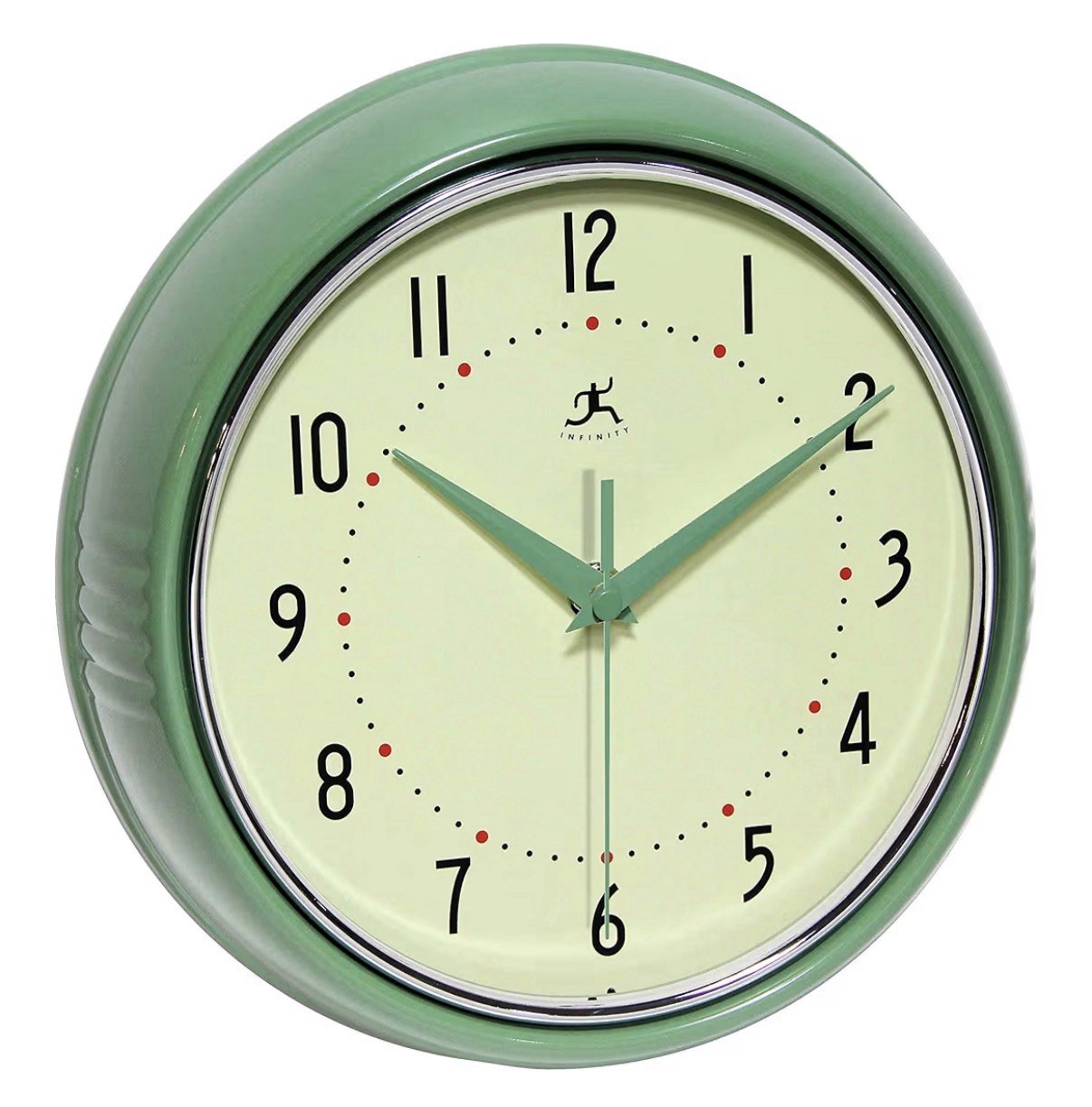 New In Box Infinity Instruments RETRO 9" SILENT SWEEP WALL CLOCK Green