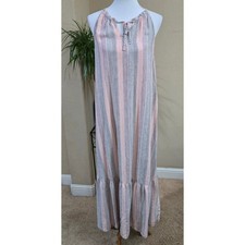 Nine West Maxi Dress Women Large Pink Linen Blend Tiered Ruffle Resort Lagenlook