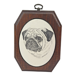 Vintage Pug Face Dog Sugared Glass on 7" Wood Plaque by Earl Sherman 1980s
