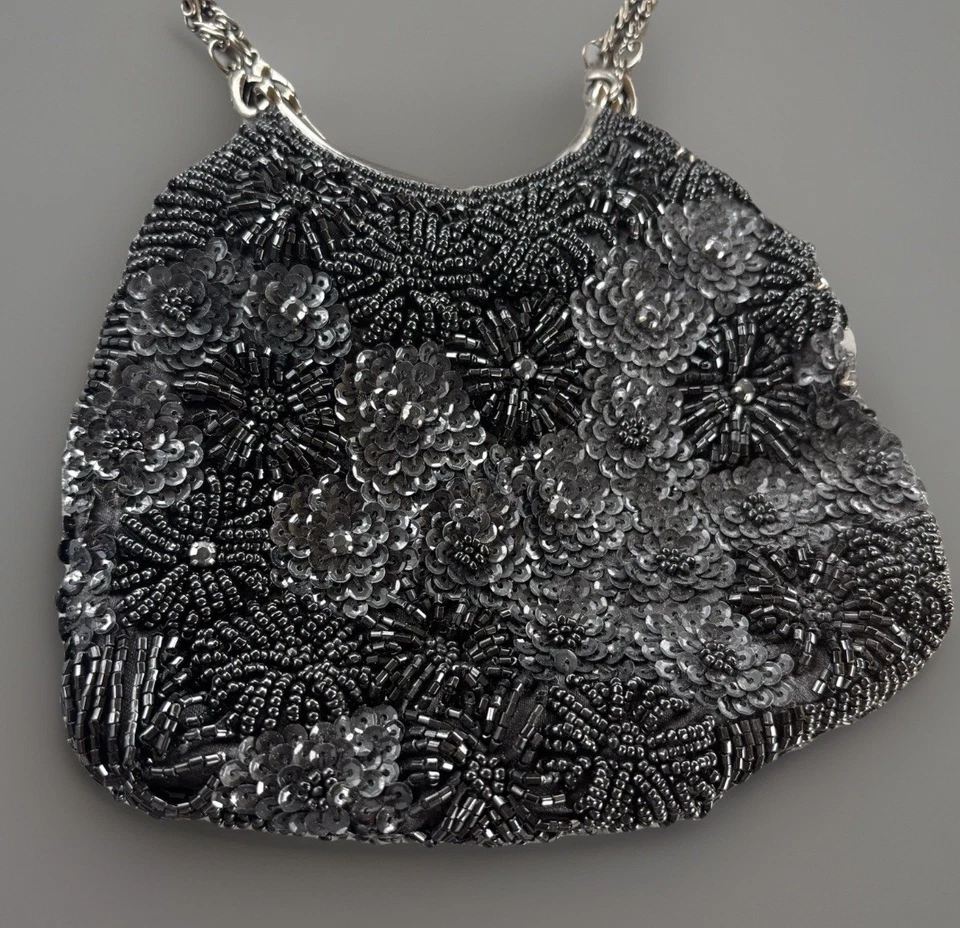 Carlo Fellini  Evening Bag Beaded Gun Metal VTG Glam Purse Clutch 6”  Adg Straps - Image 4 of 4
