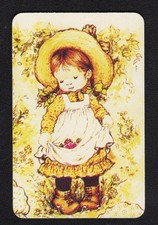 Tarjeta intercambiable SARAH KAY - Linda niña coleccionando fruta en su delantal (ESPALDA EN BLANCO)