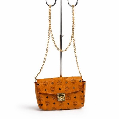 MCM Visetos hellbraune Monogramm Umhängetasche Goldkette klein 8x6''