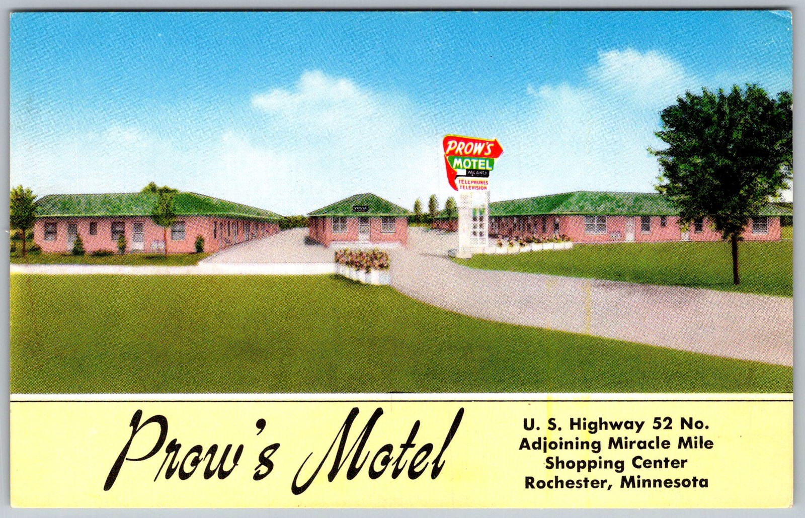 Vtg Postcard Prow's Motel Sign Rochester, MN 1950s