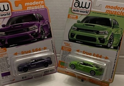 2- Auto World 1:64 Diecast 2023 Dodge Charger R/T Swinger Green Purple