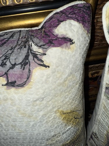 Vtg Botanical Iris Sequined Floral White Lilac Pillows Pair Of (2) 17x11 In Down - Picture 2 of 19