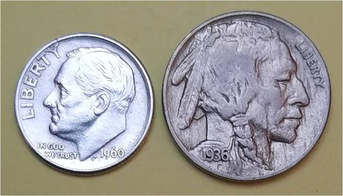 Lot of 2 Coins- 1 90% Silver Roosevelt 10c (1960D) & 1 Better Buffalo 5c (1936S)