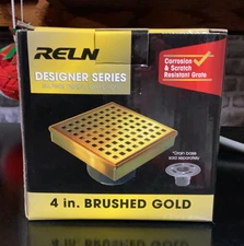 Reln - 4” x 4” Brushed Gold Square Shower Drain with Square Pattern NEW in box