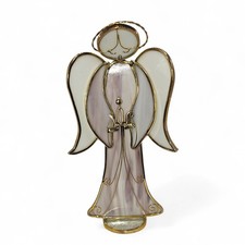 Stained Glass Angel Figurine 11" Free Standing Lavender White Gold Tone Decor