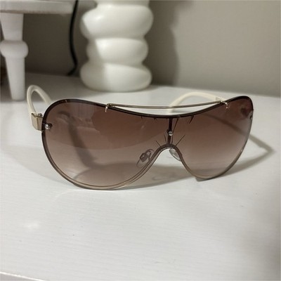Shield Sunglasses Gradient Brown Lens White Plastic Frame Full Rim Women's