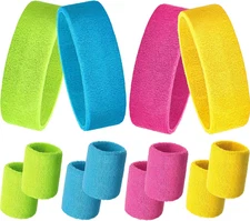 12 Pcs Sweatbands Set Neon Colors Headbands and Wristbands for Men Women Moistur