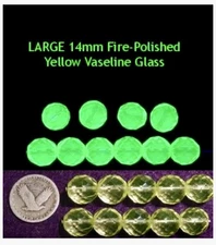 10 Pieces Czech VASELINE/URANIUM GLASS BEADS 14mm Round Faceted Fire-Polished