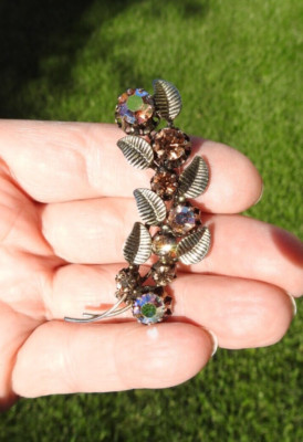Vintage Austrian Crystal Leaf Brooch MARKED Austria Colorful Aurora Borealis