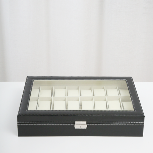 1x Estuche Grande Reloj Vidrio Parte Superior Negro Pantalla Organizador Cuero Sintético 24 Ranuras Caja - Imagen 2 de 8