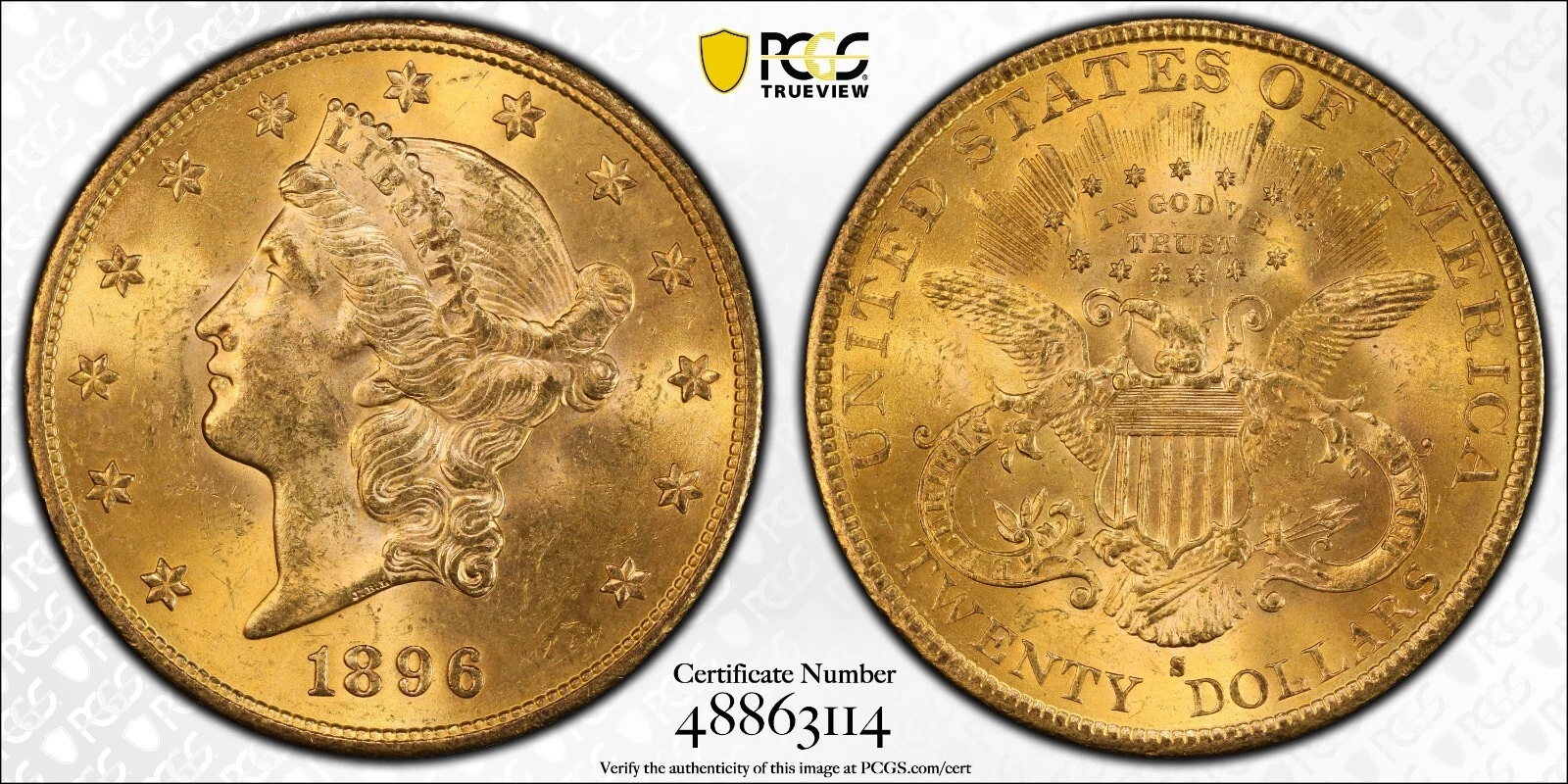 1896-S $20 LIBERTY HEAD GOLD DOUBLE EAGLE, PCGS MS-63+, NFC SECURE