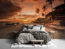 3D Beach Sunset House Boat Self-adhesive Removeable Wallpaper Wall Mural