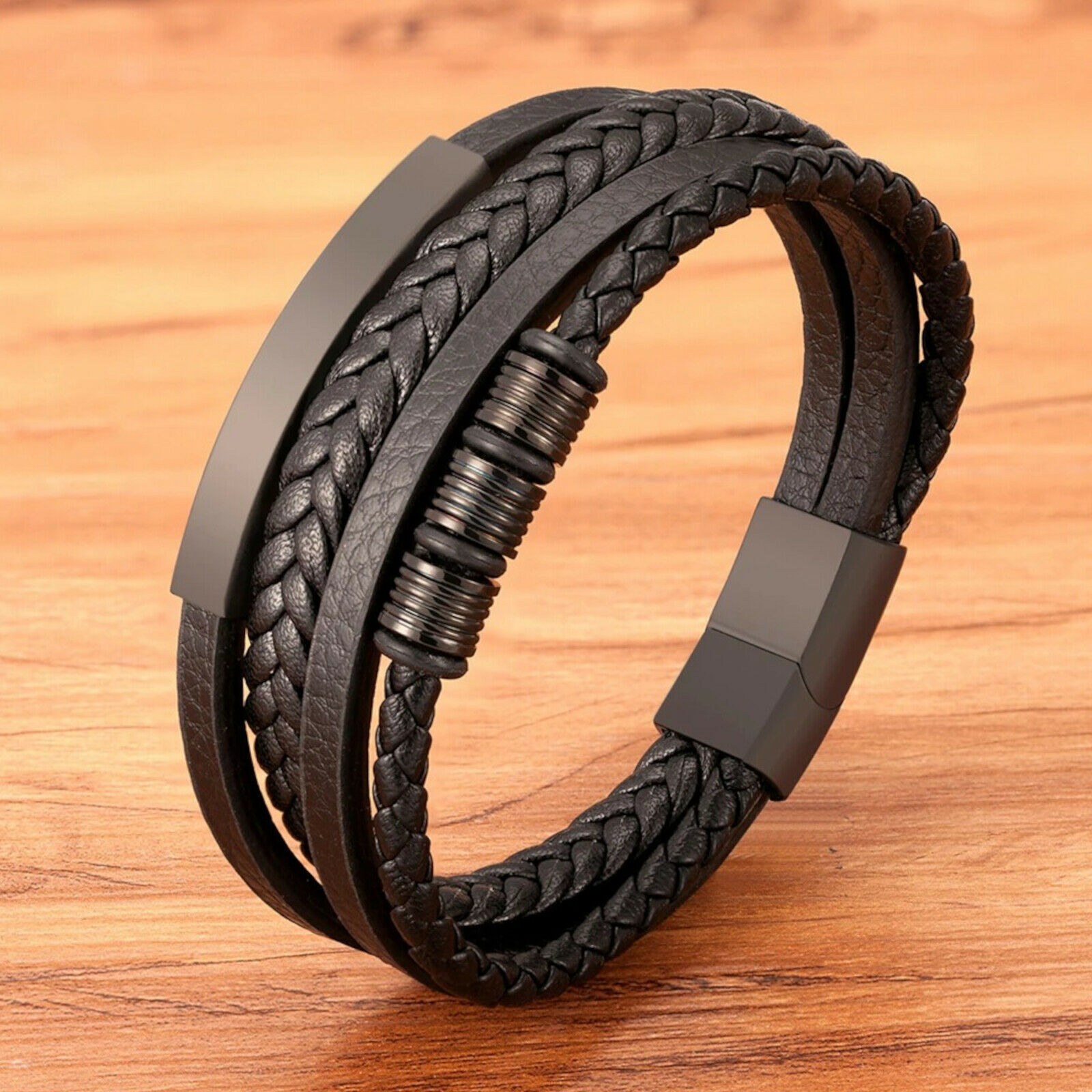 Herren Armband Schwarz Echtes Leder Edelstahl Magnetverschluss Männer  Geschenk